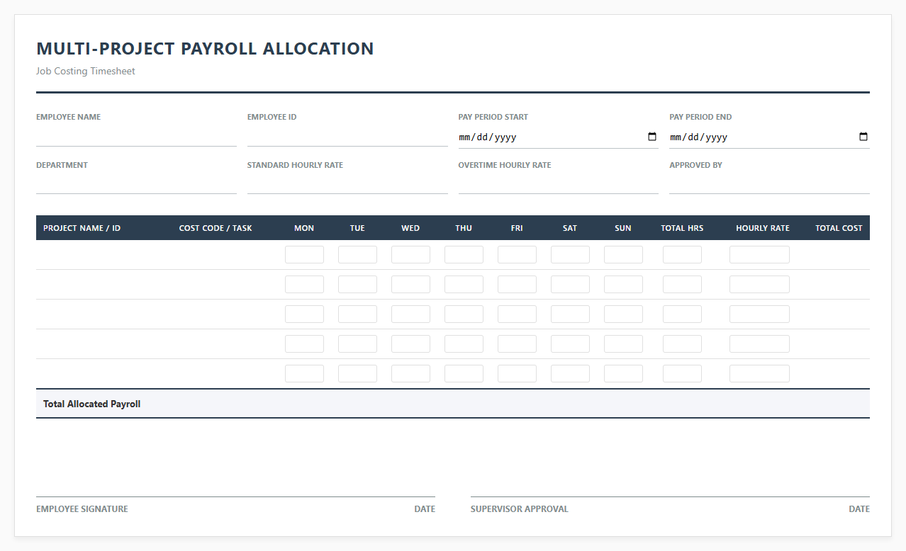 Multi Project Payroll Allocation Timesheet