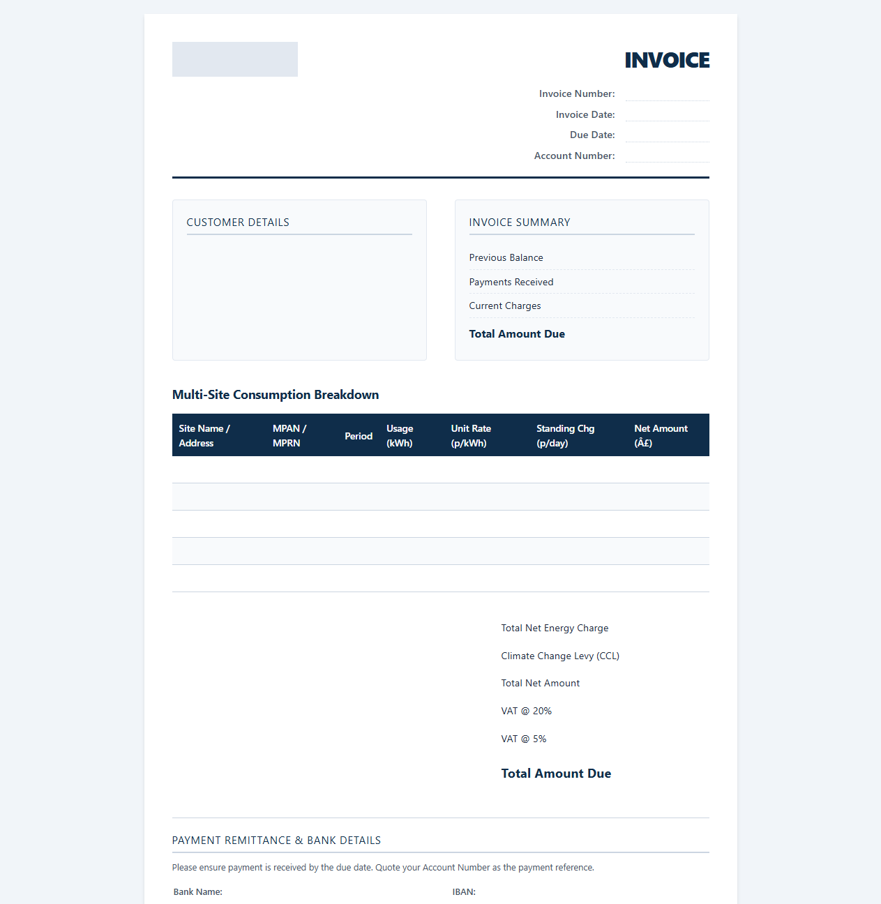 Multi-Site Commercial Energy Supply Invoice Template