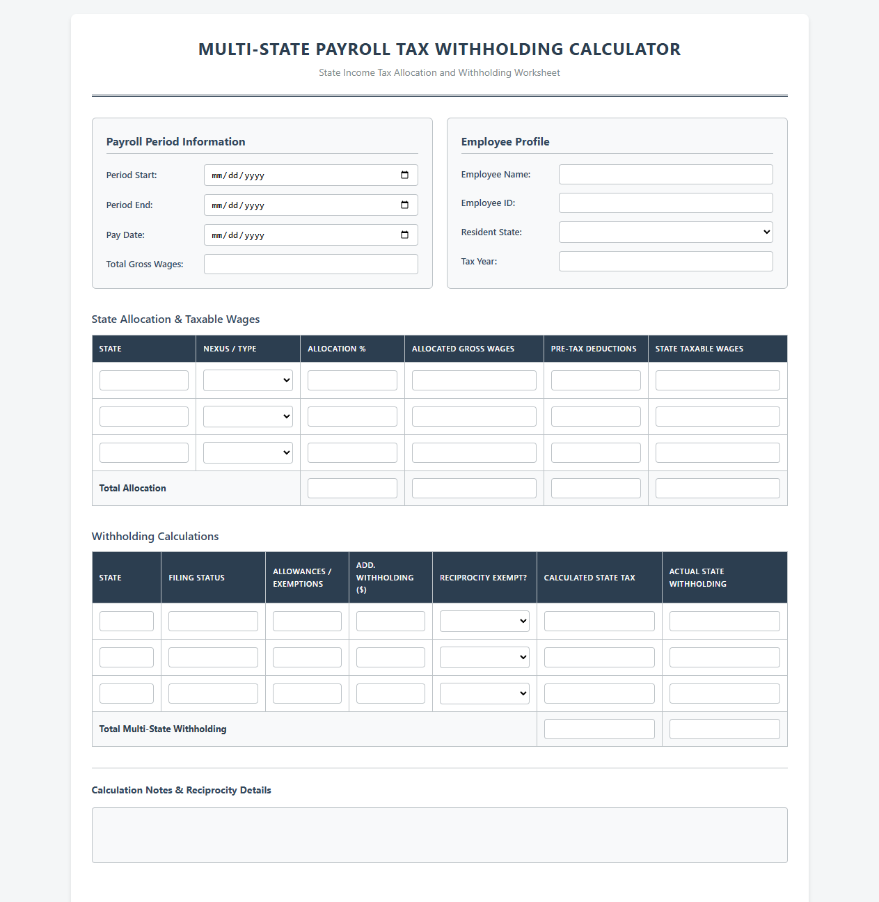 Multi-State Payroll Tax Withholding Calculator