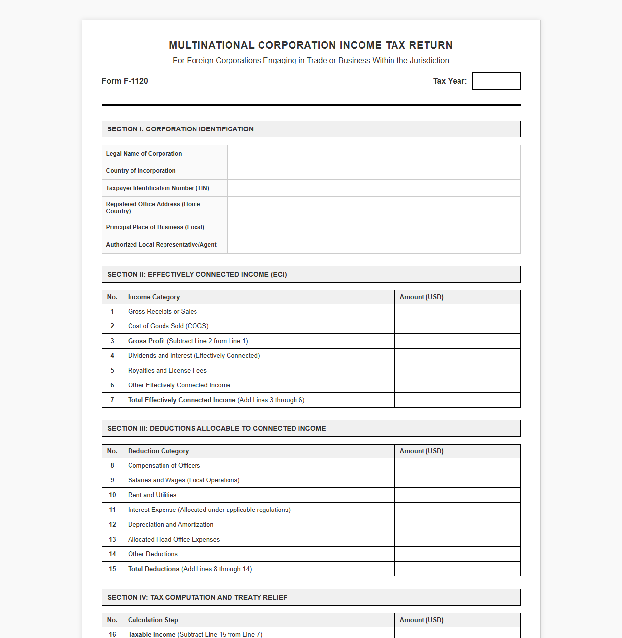 Multinational Corporation Income Tax Declaration Template