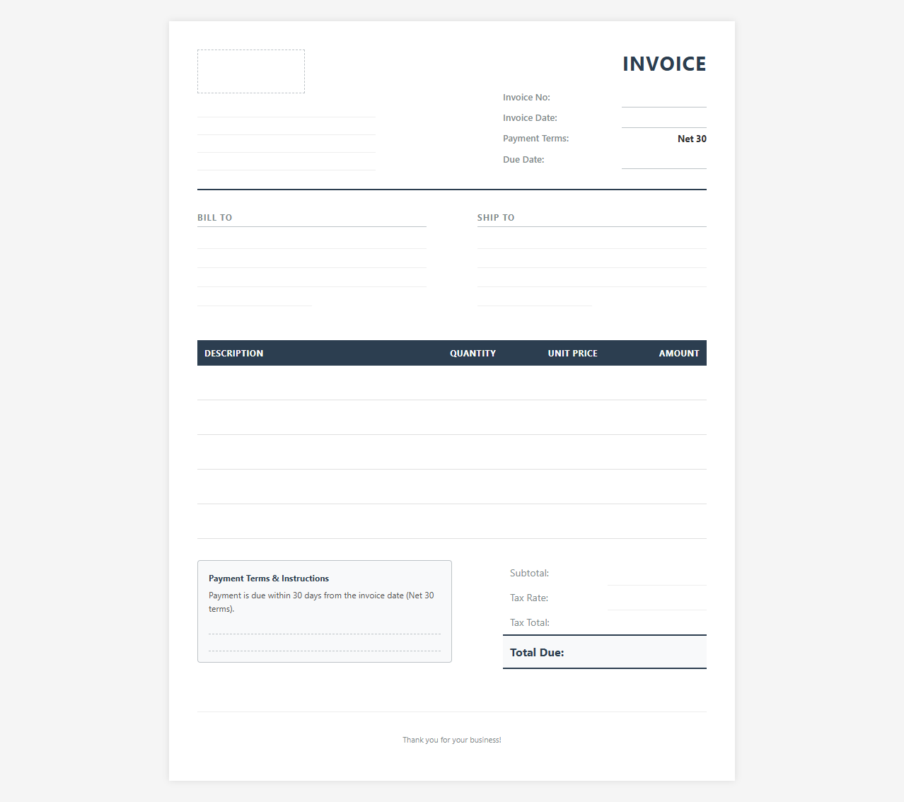 Net 30 Term Invoice Template