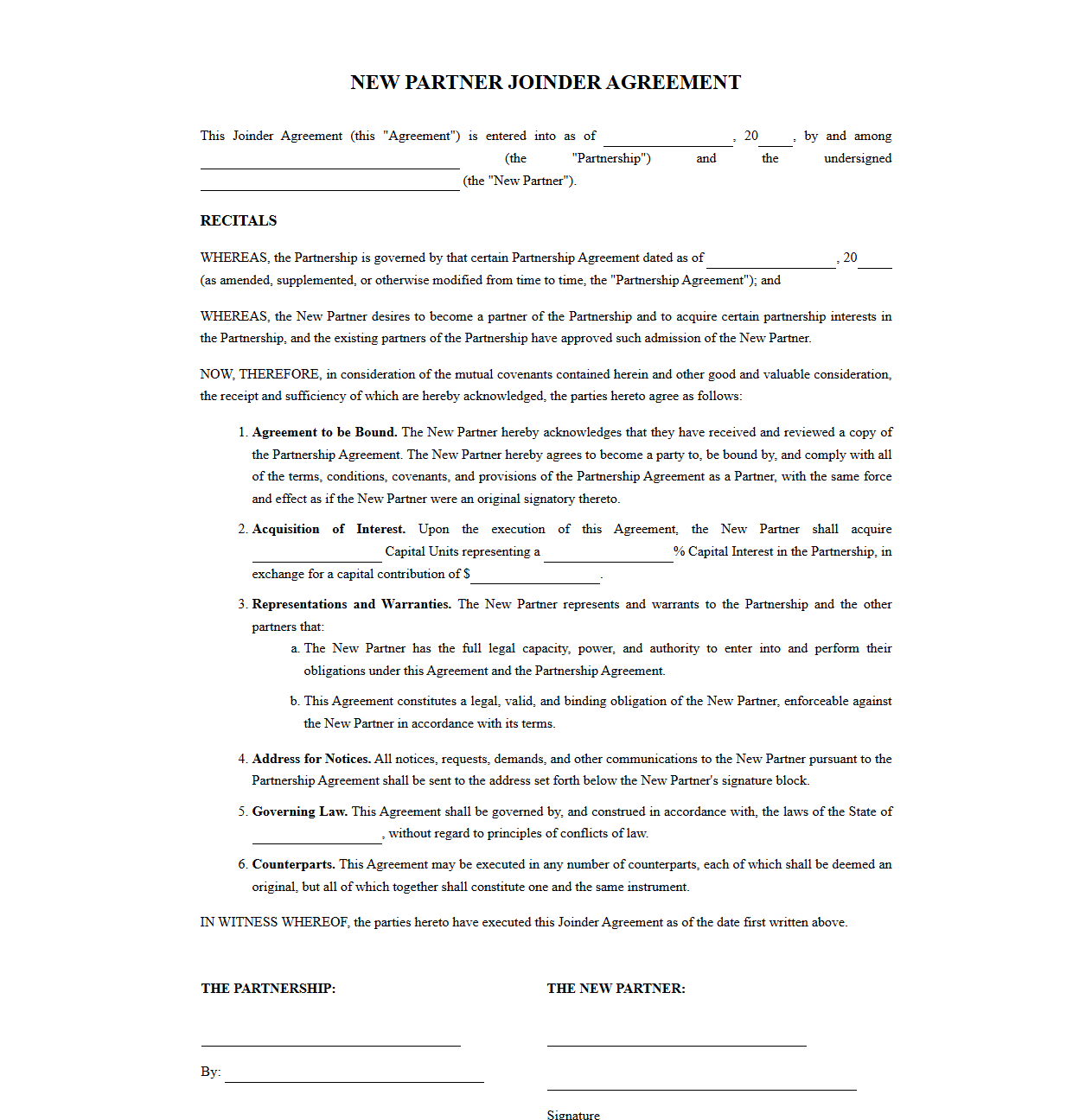 New Partner Joinder Agreement