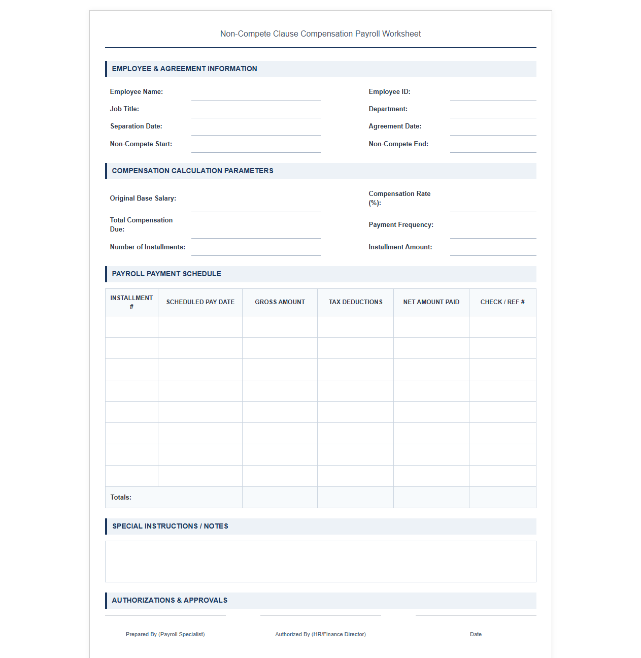 Non-Compete Clause Compensation Payroll Worksheet