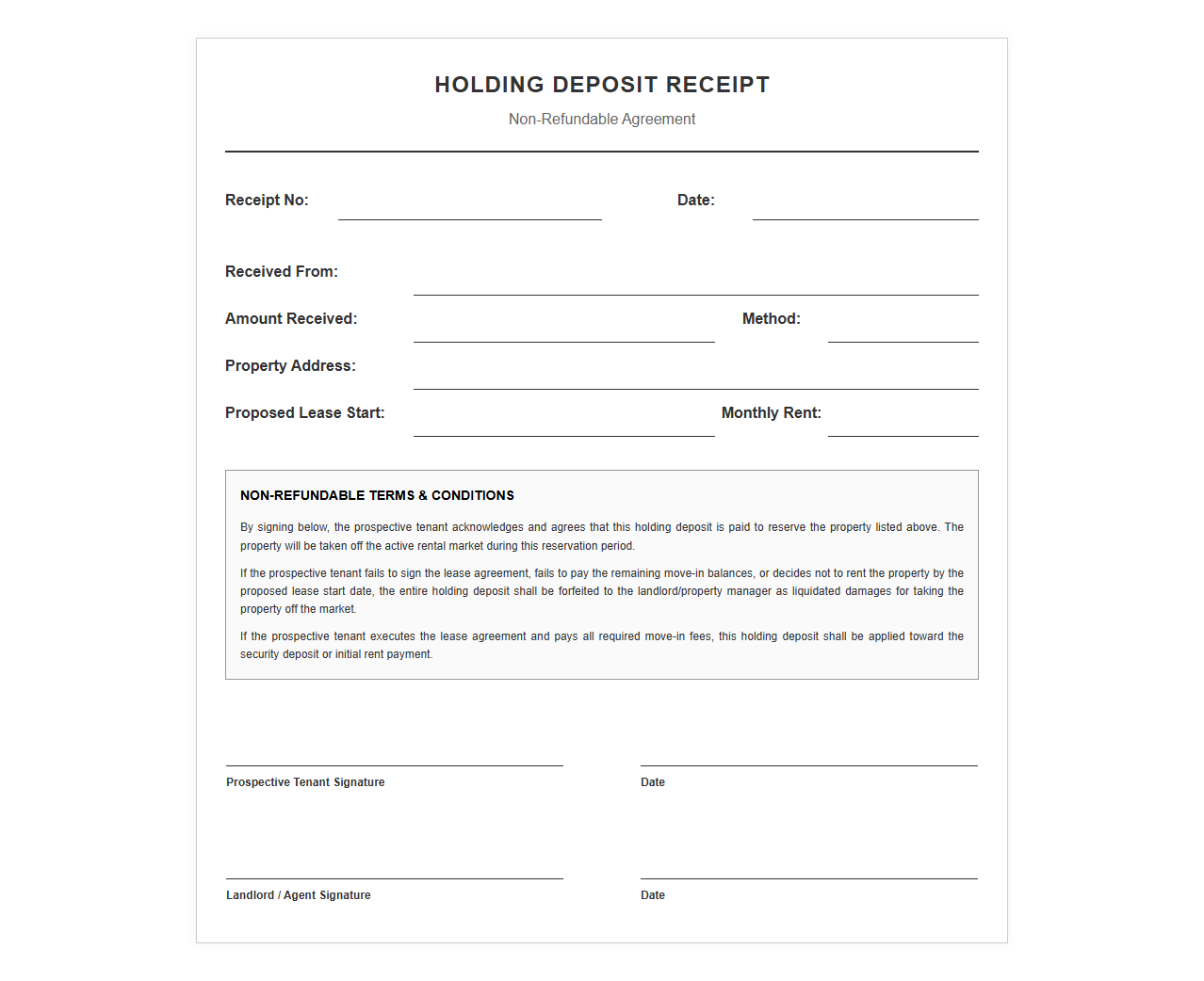 Non-Refundable Holding Deposit Receipt Template