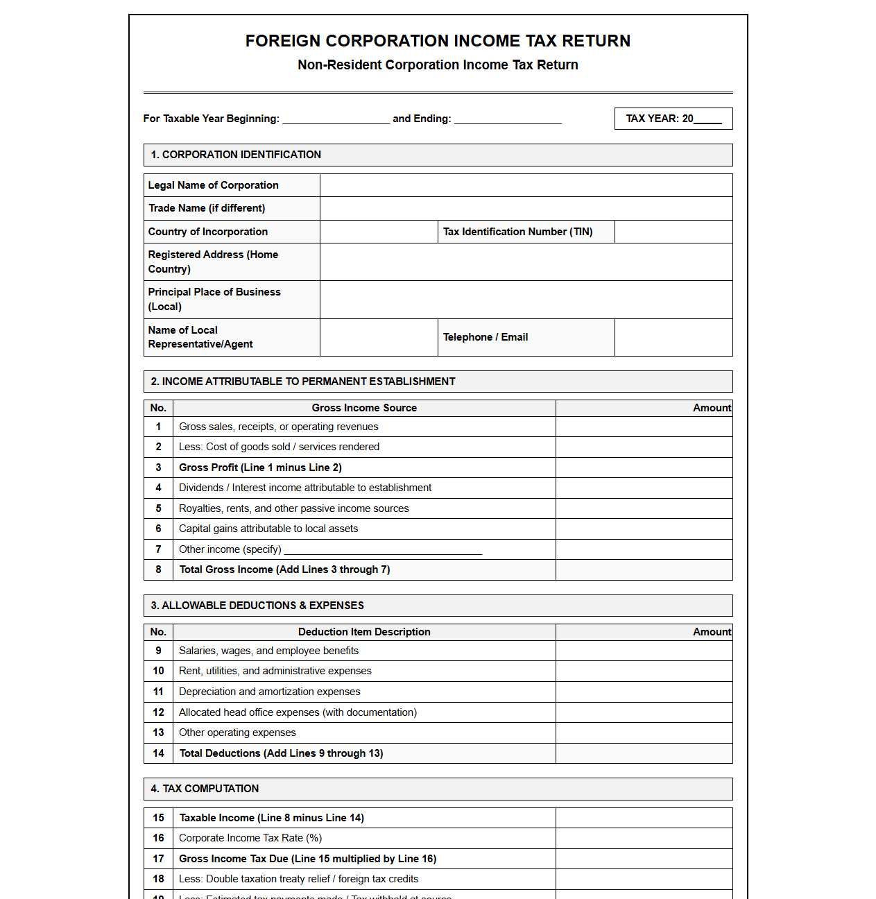 Non-Resident Corporation Income Tax Return Form