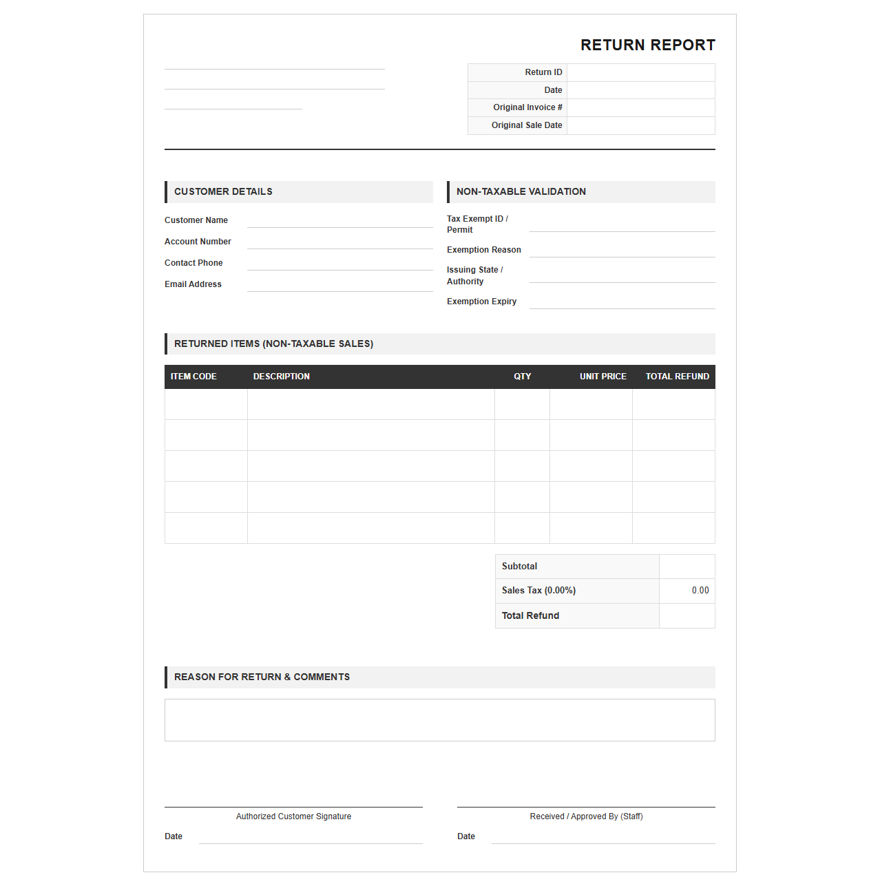 Non-Taxable Product Return Report Template