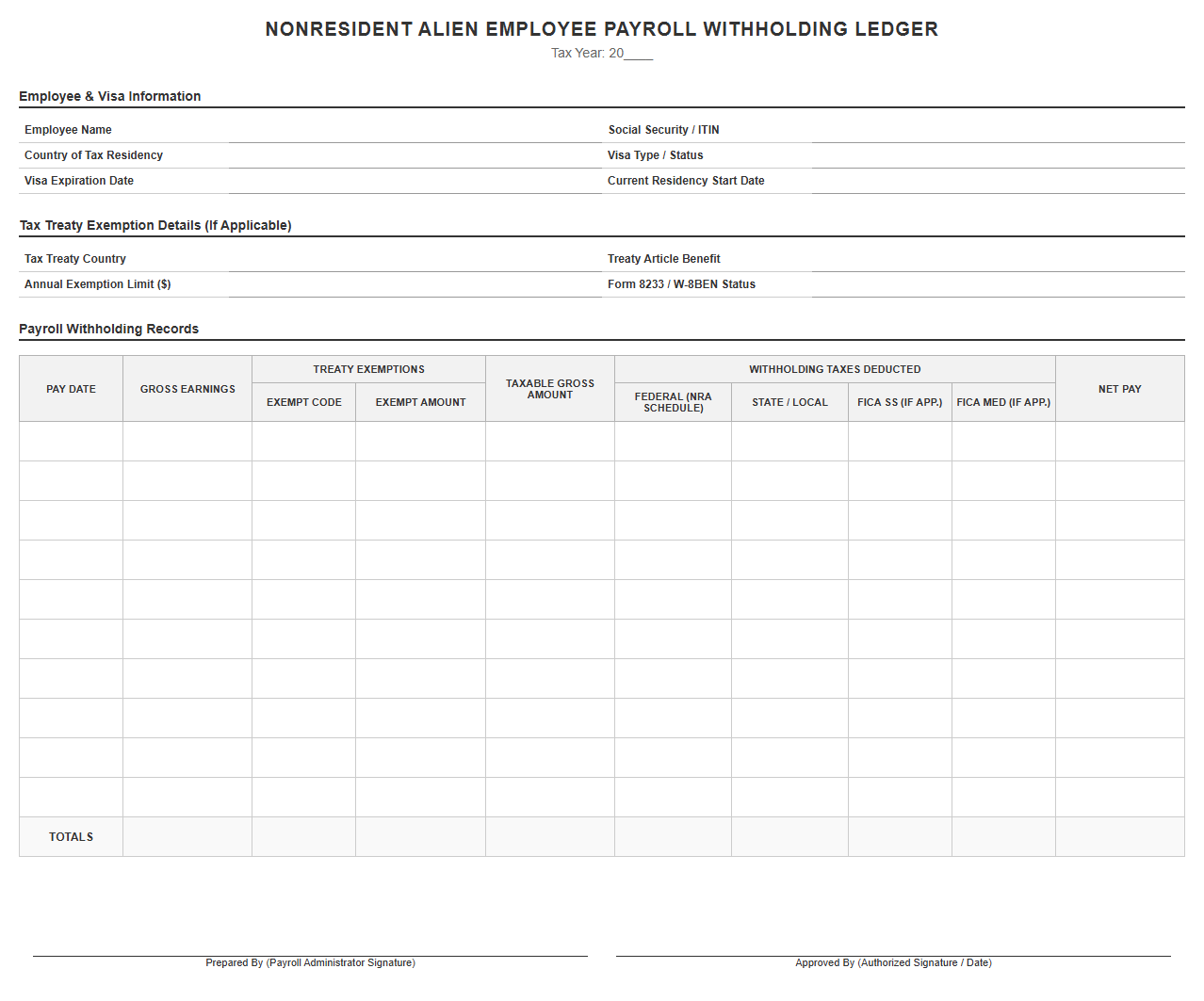 Nonresident Alien Employee Payroll Withholding Ledger