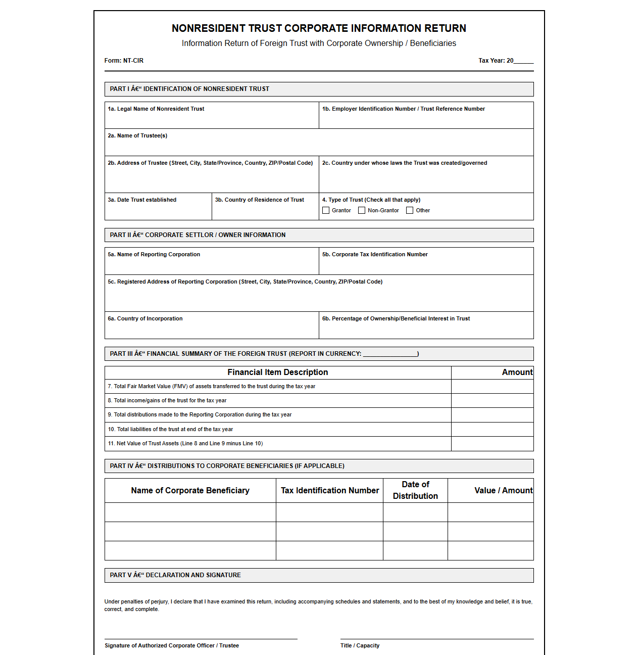 Nonresident Trust Corporate Information Return Template