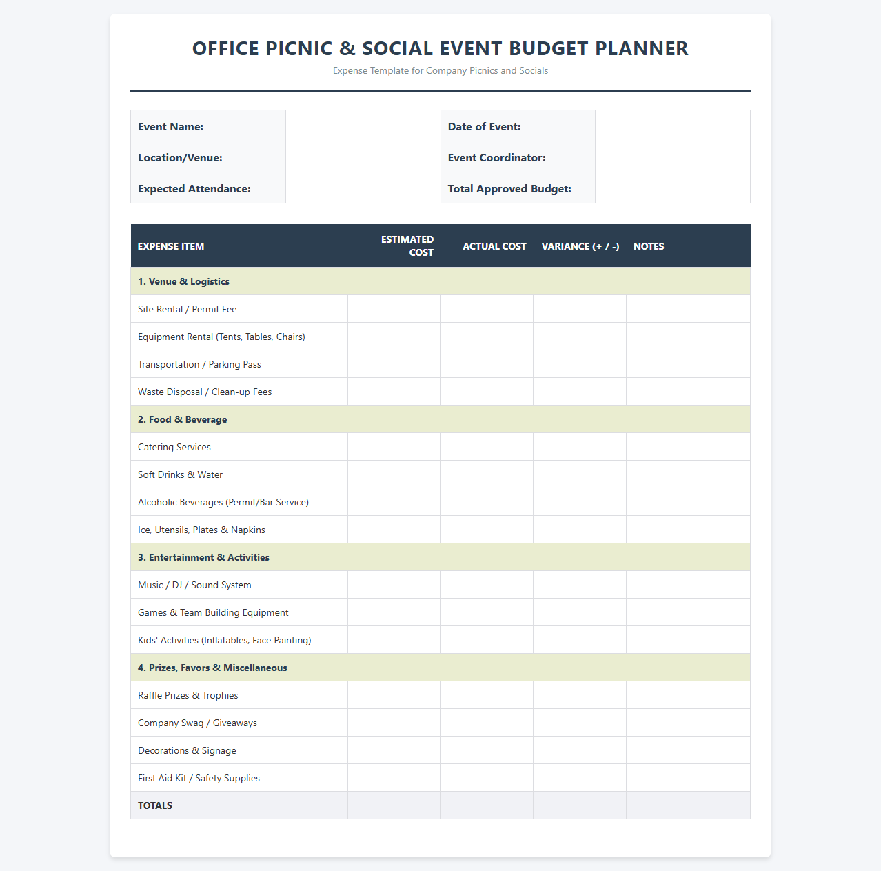 Office Picnic and Social Event Budget Planner