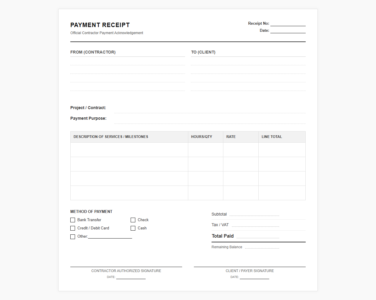 Official Contractor Payment Acknowledgement Receipt