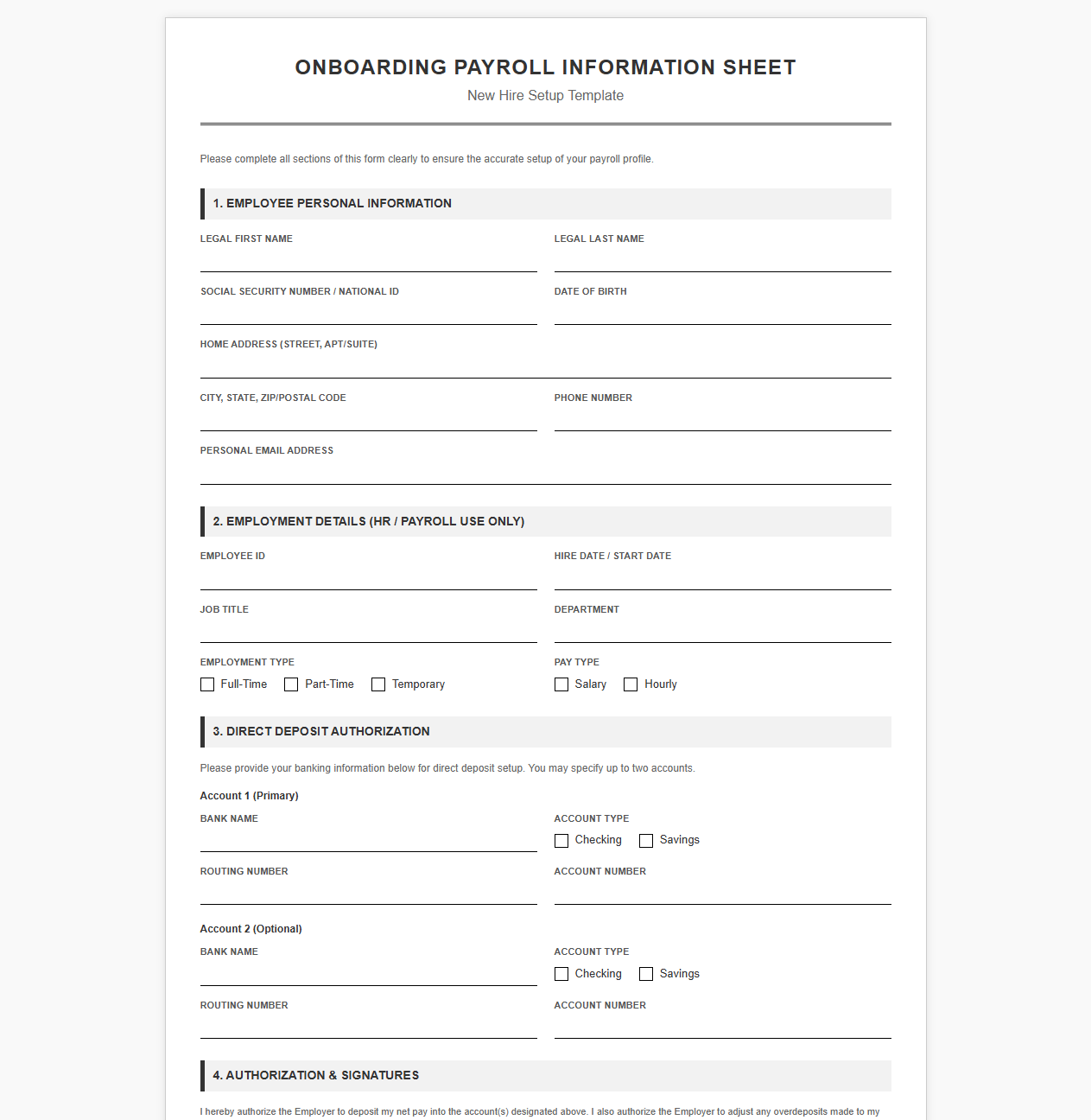 Onboarding Payroll Information Sheet