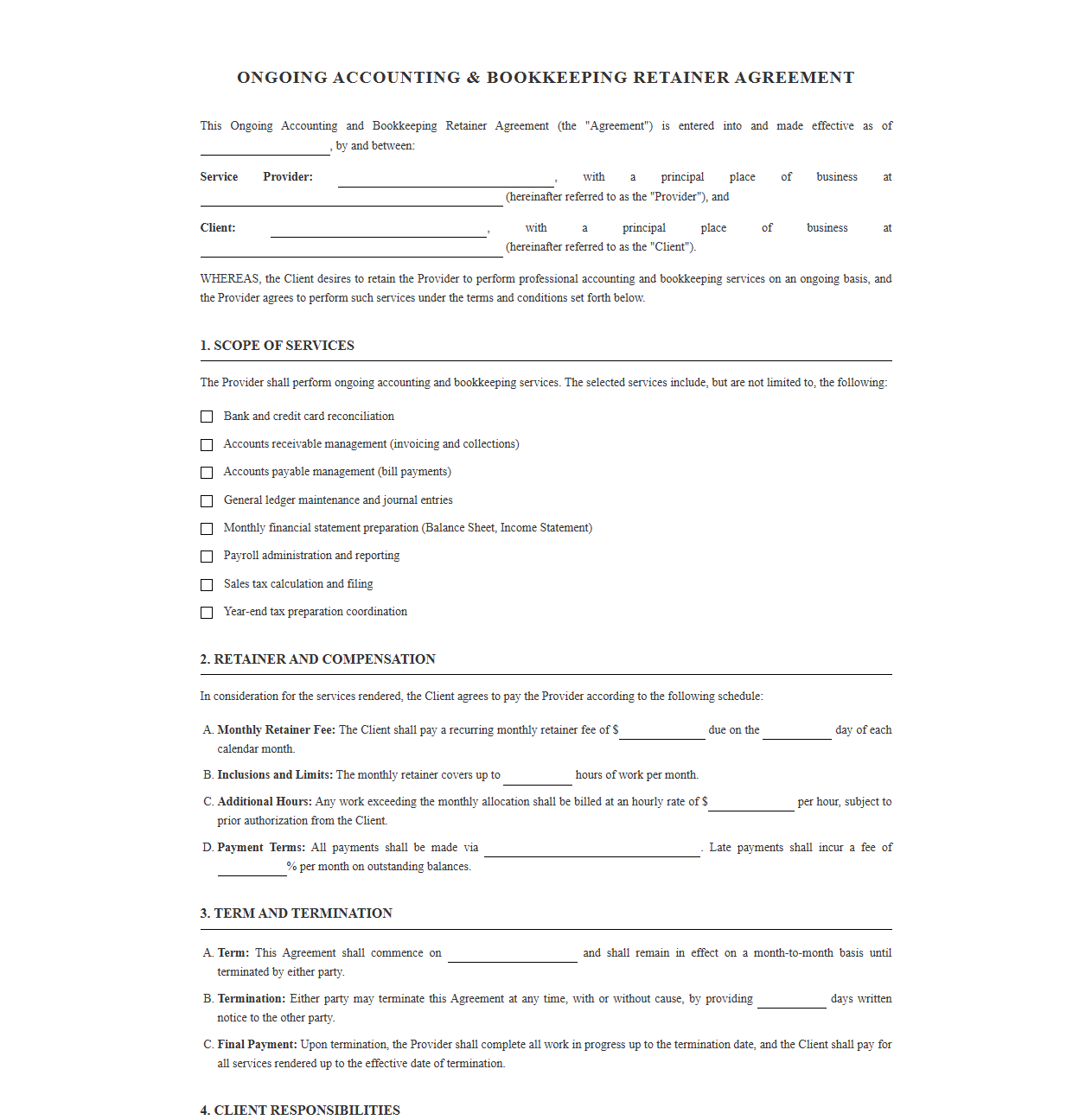 Ongoing Accounting and Bookkeeping Retainer Contract