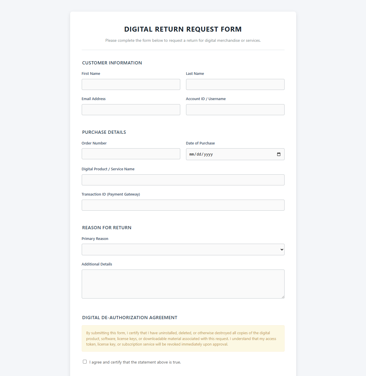 Online Digital Purchase Return Form