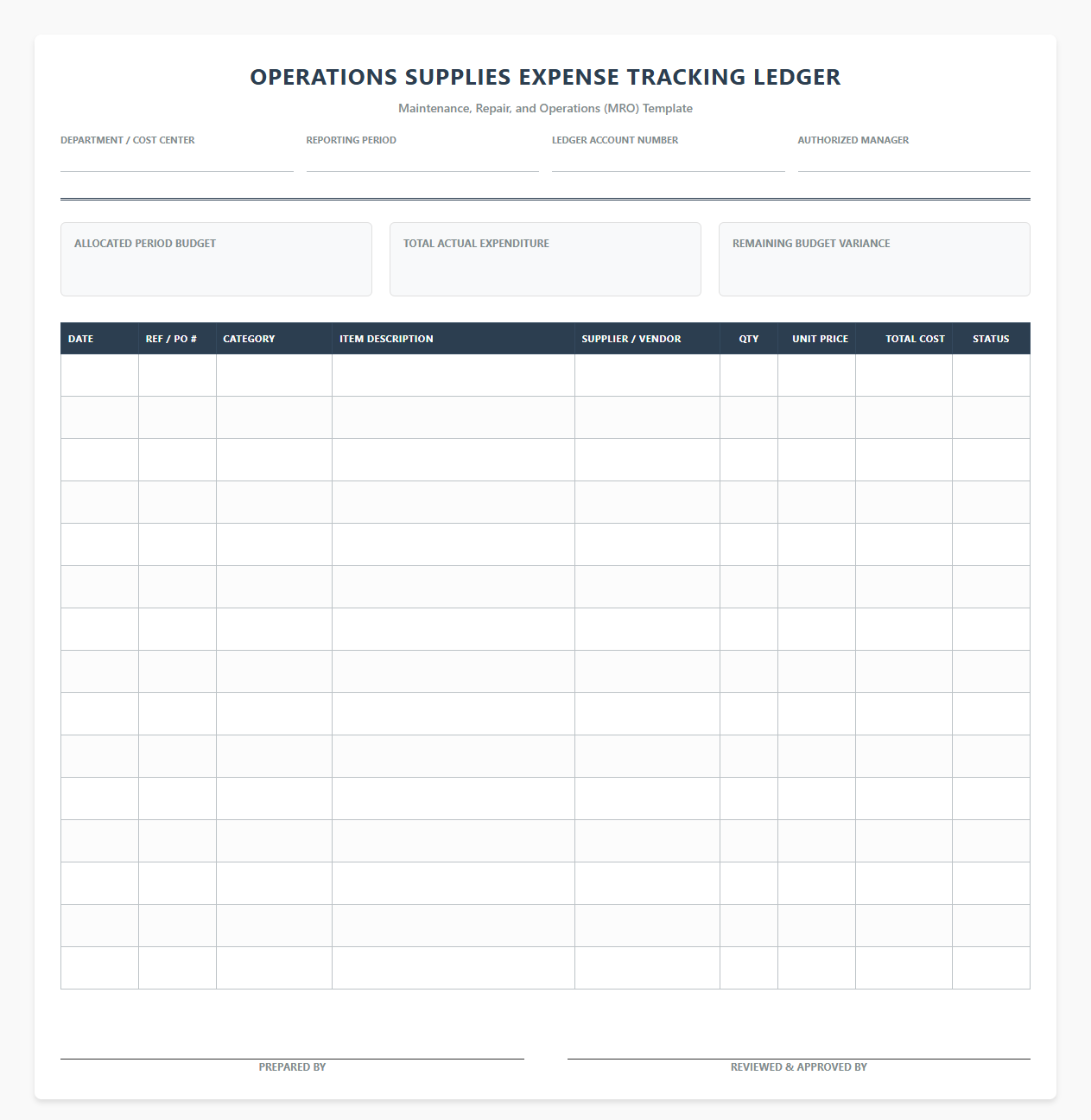 Operations Supplies Expense Tracking Ledger