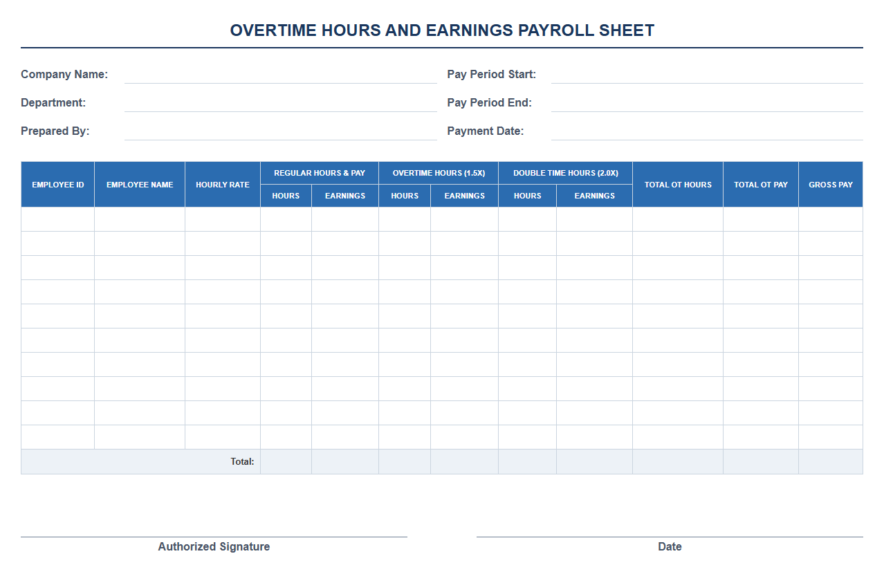 Overtime Hours and Earnings Payroll Sheet