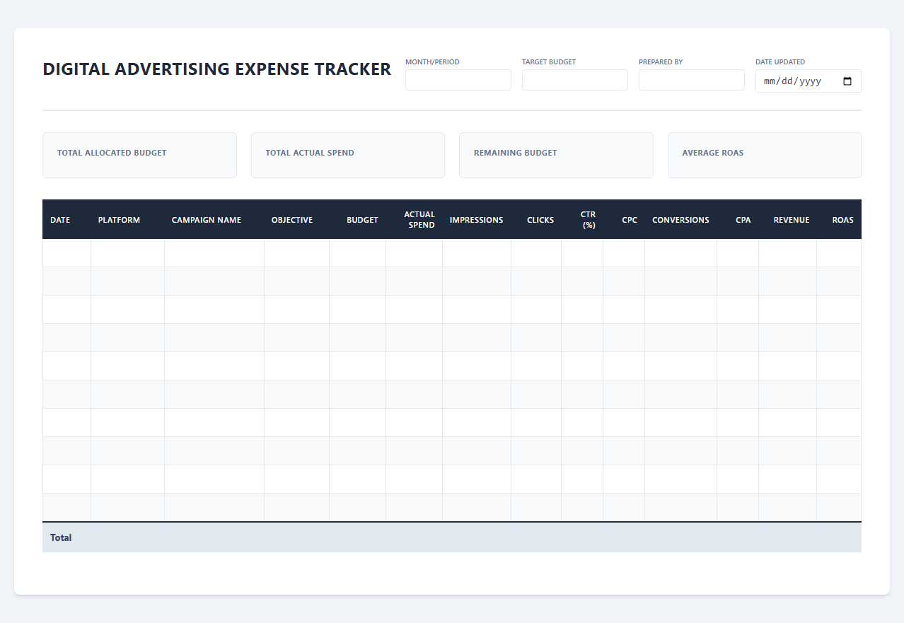 Paid Ads Expense Tracking Spreadsheet