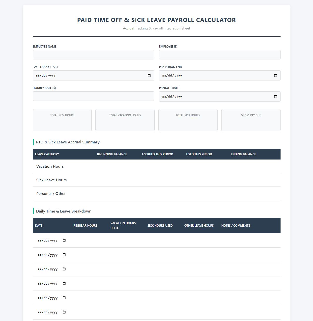 Paid Time Off and Sick Leave Payroll Calculator