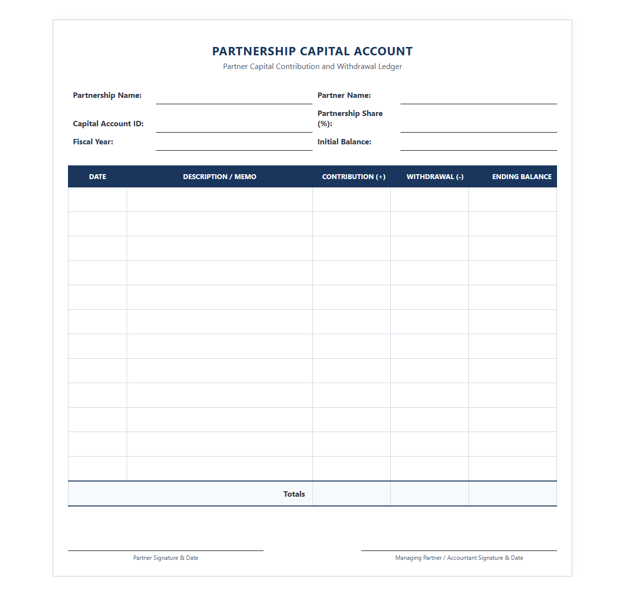 Partner Capital Contribution and Withdrawal Ledger