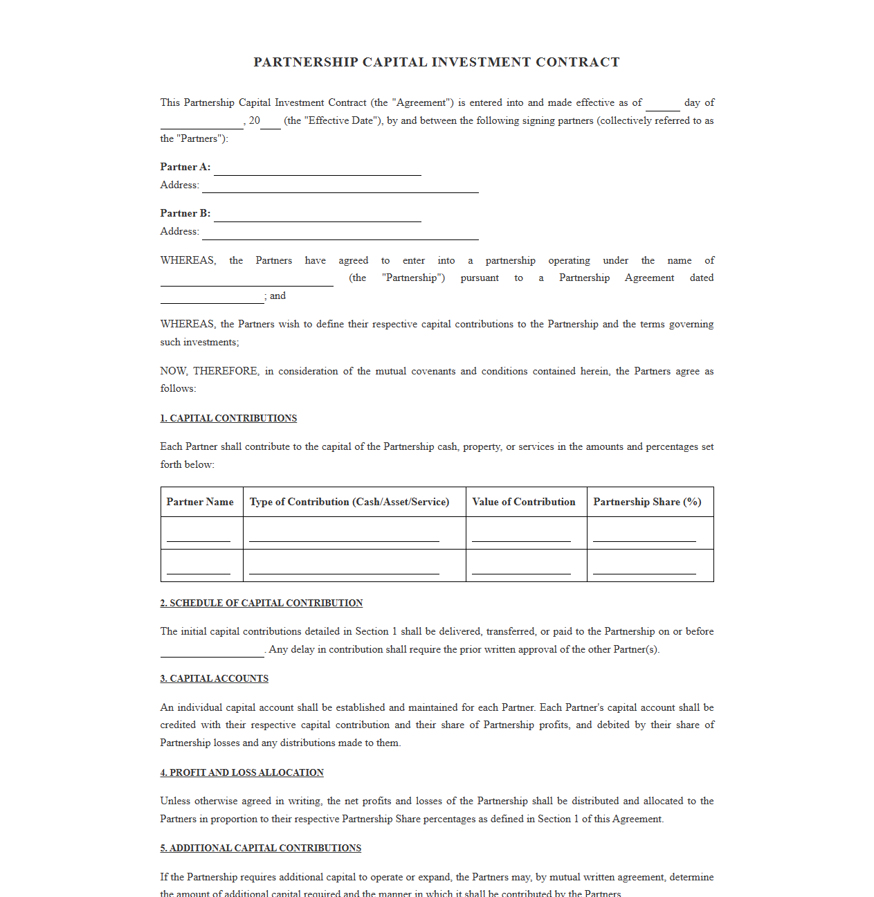 Partnership Capital Investment Contract Template