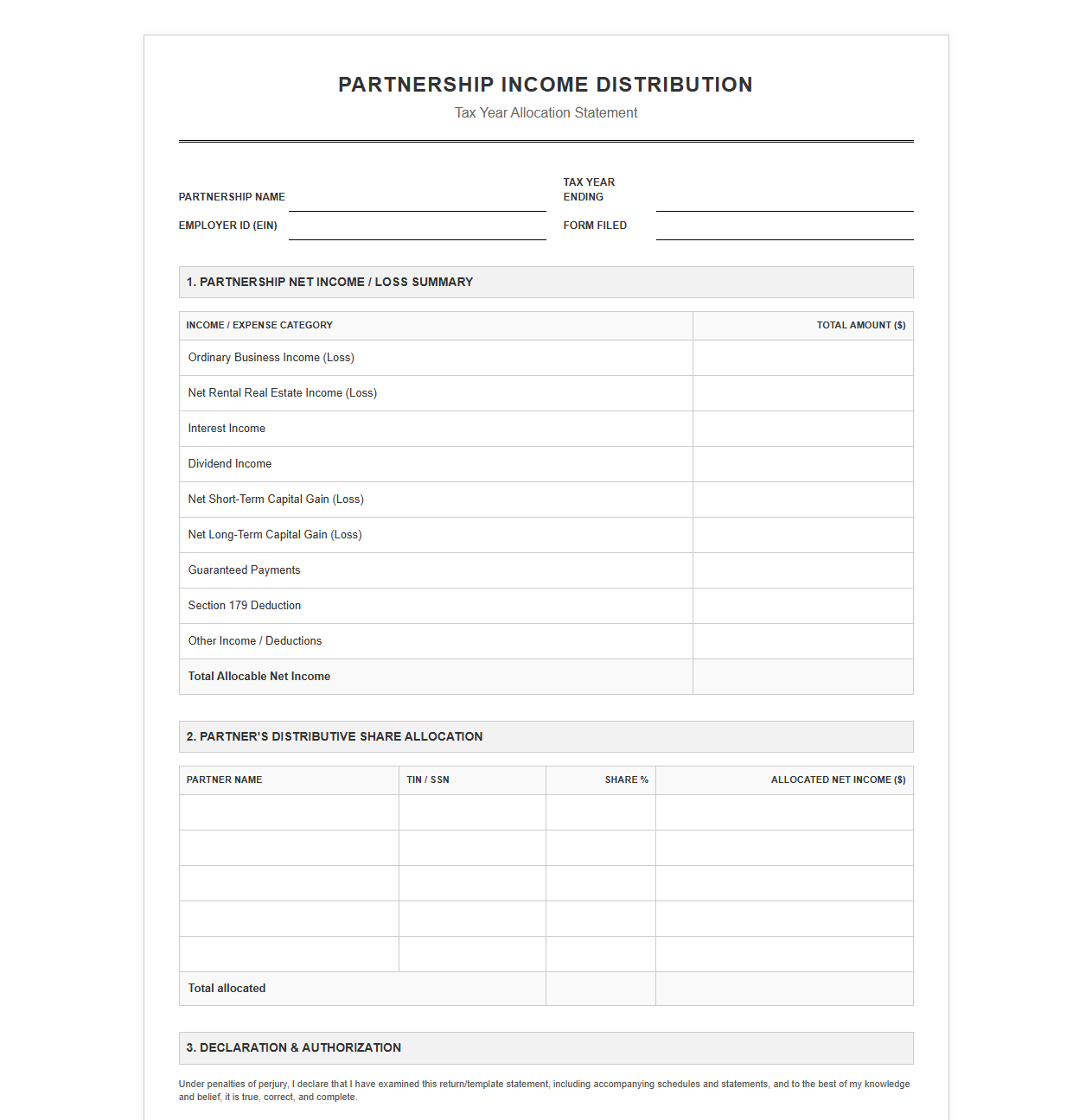 Partnership Income Distribution Tax Template