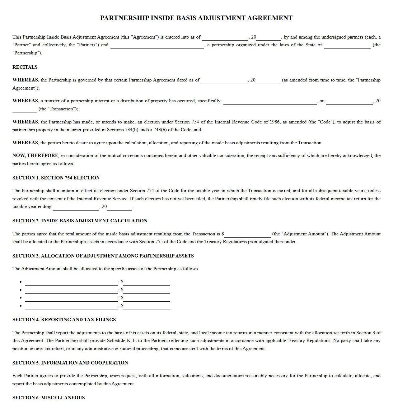 Partnership Inside Basis Adjustment Agreement Template