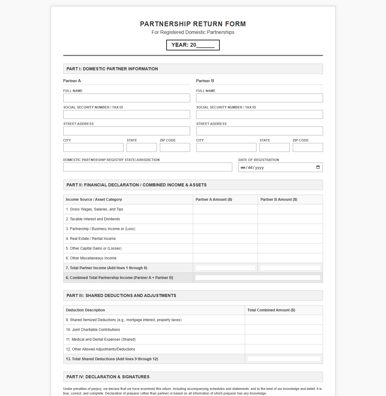 Partnership Return Form for Domestic Partners