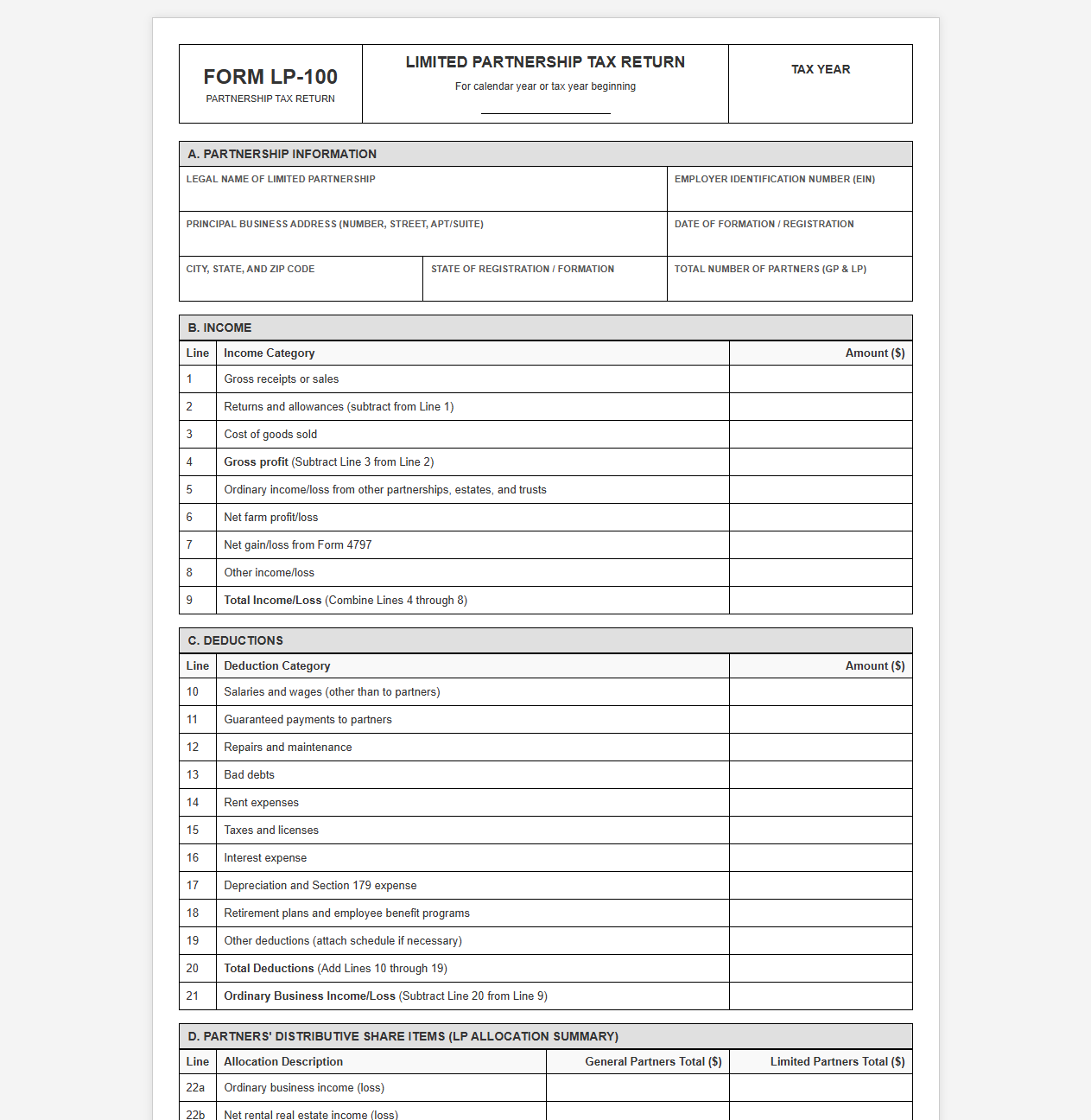 Partnership Tax Return Template for LPs