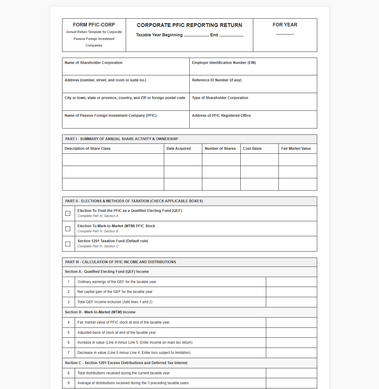 Passive Foreign Investment Company Corporate Return Template