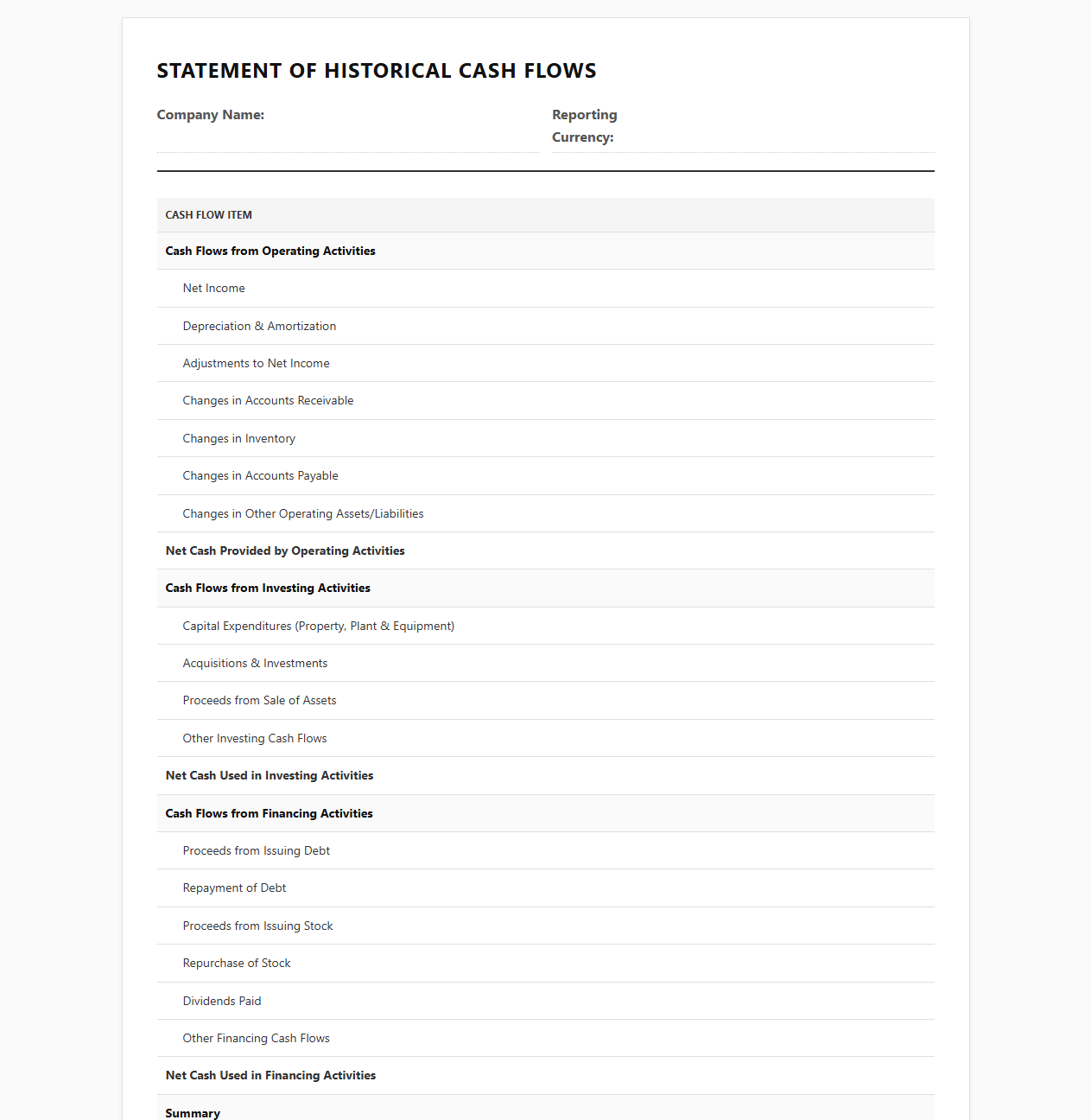 Past Financial Years Cash Flow Template