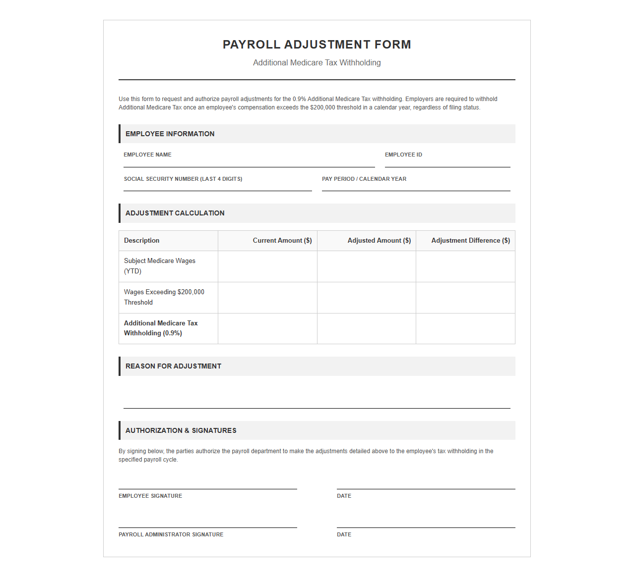 Payroll Adjustment Form for Additional Medicare Tax