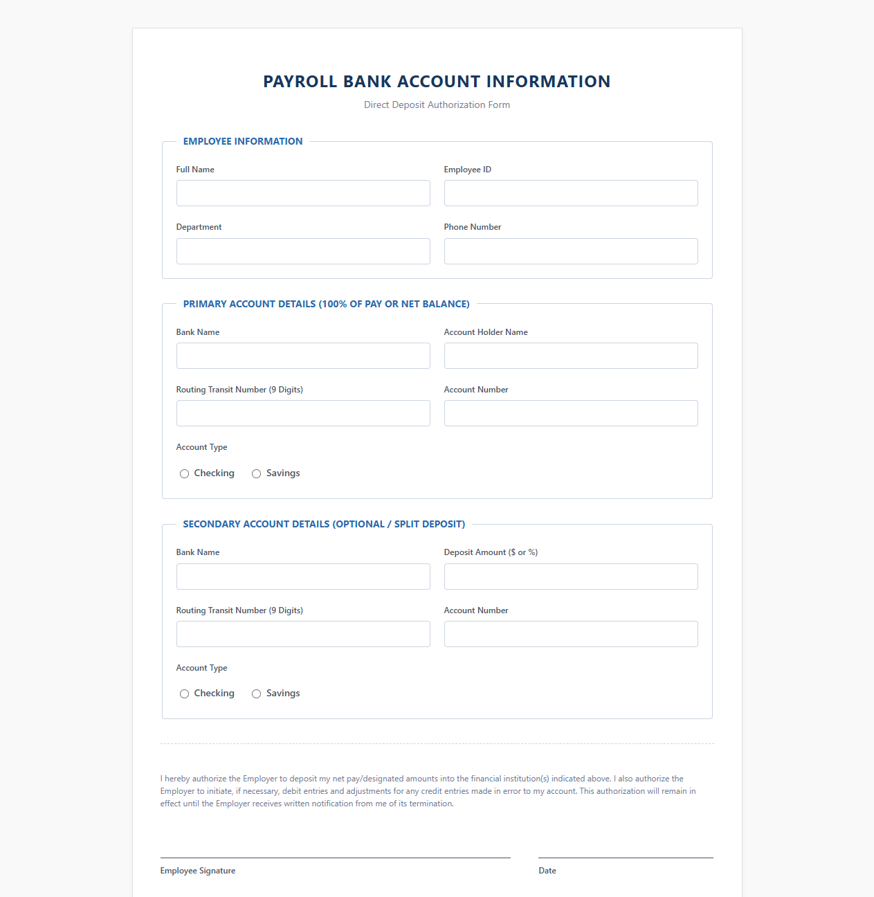 Payroll Bank Account Information Sheet