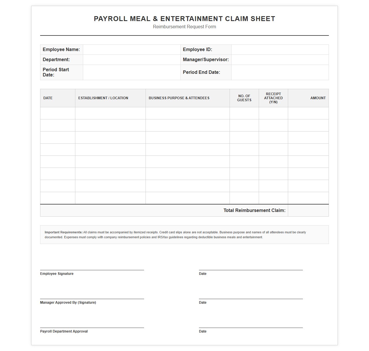 Payroll Meal and Entertainment Claim Sheet