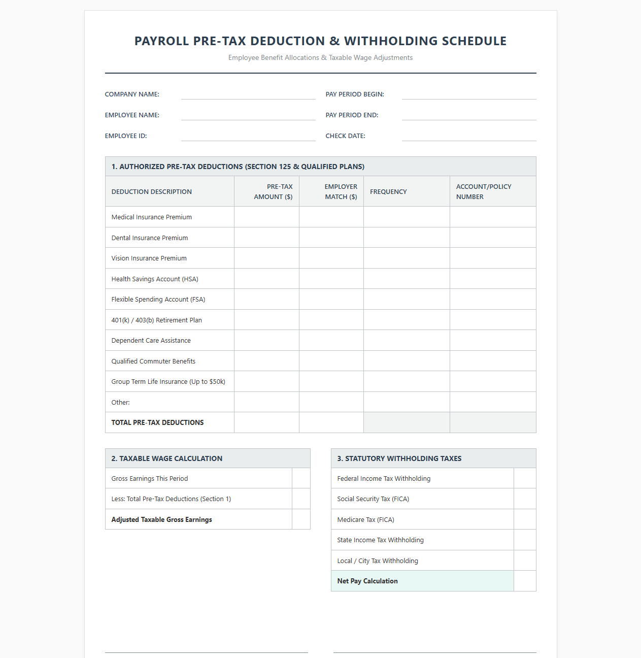 Payroll Pre-Tax Deduction and Withholding Schedule