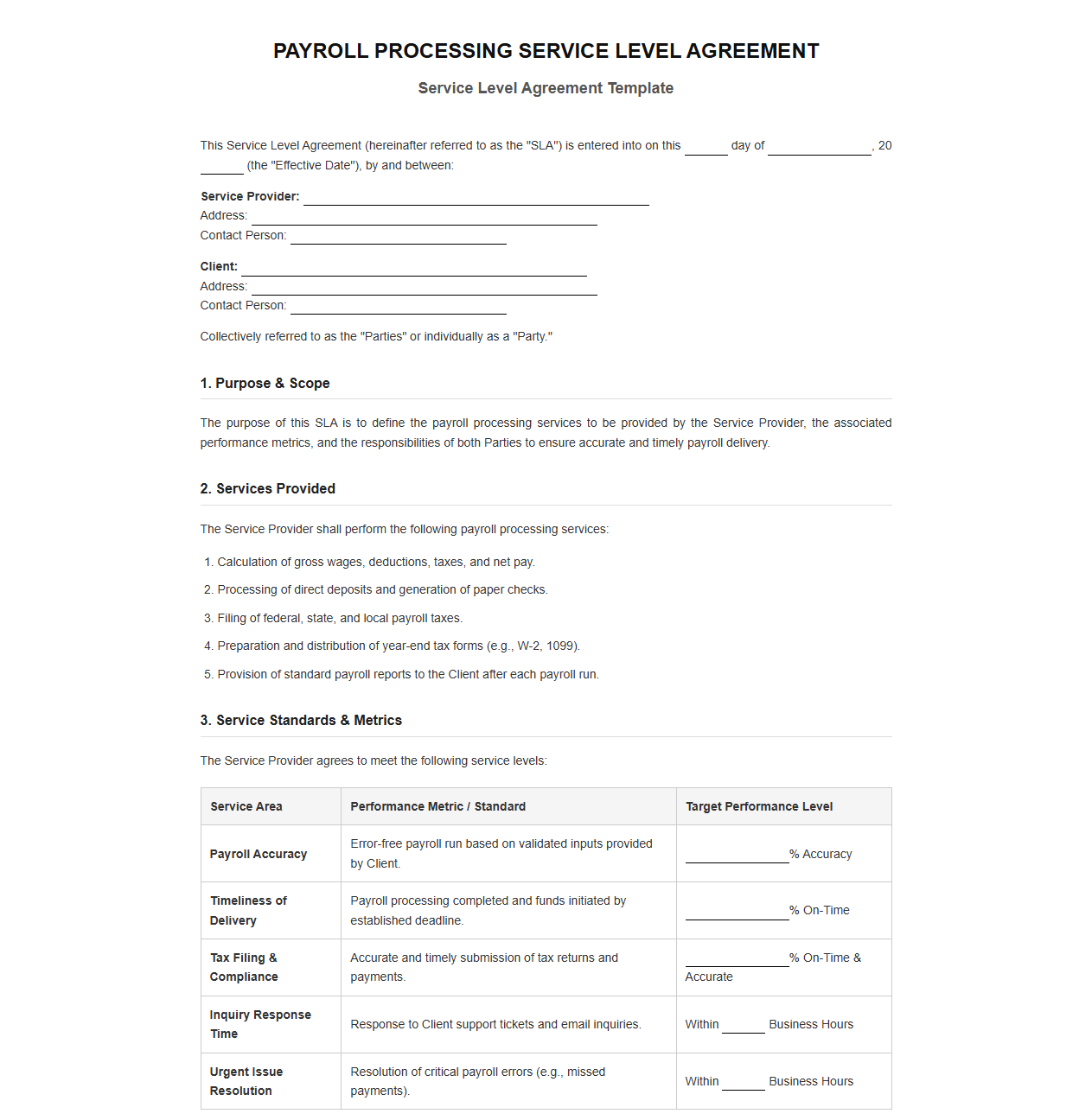 Payroll Processing Service Level Agreement Template