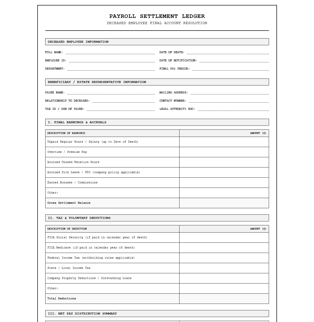 Payroll Settlement Ledger for Deceased Employees