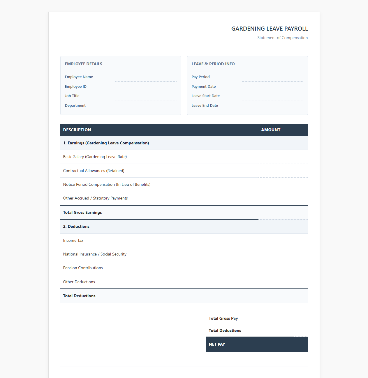 Payroll Sheet for Gardening Leave Pay