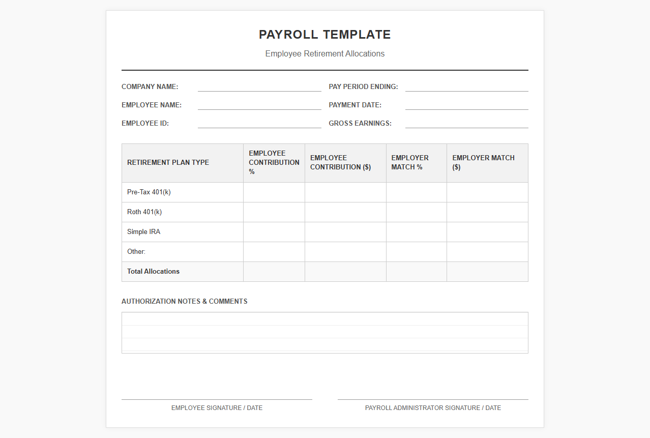 Payroll Template for Employee Retirement Allocations
