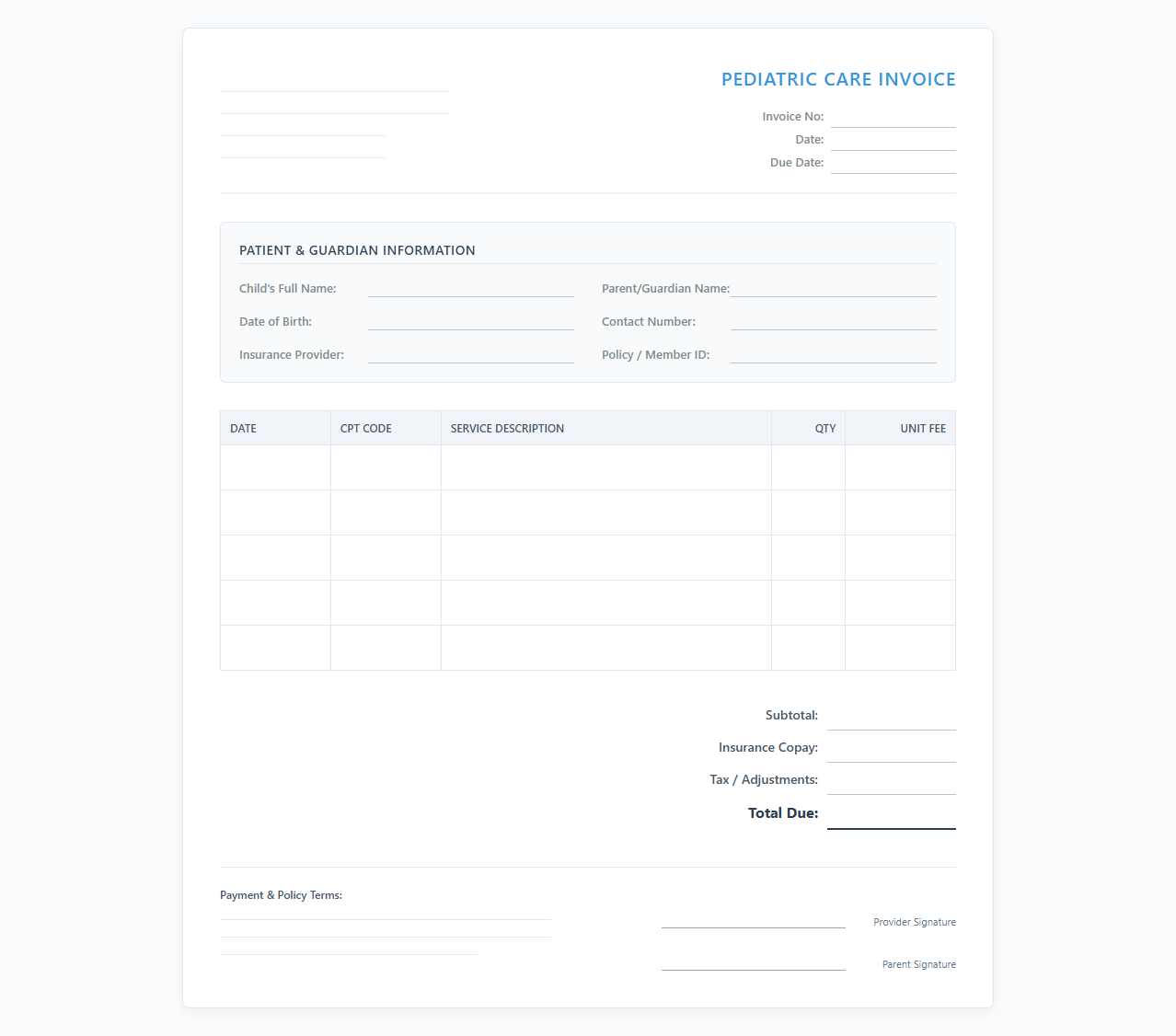 Pediatric Chiropractic Care Billing Invoice