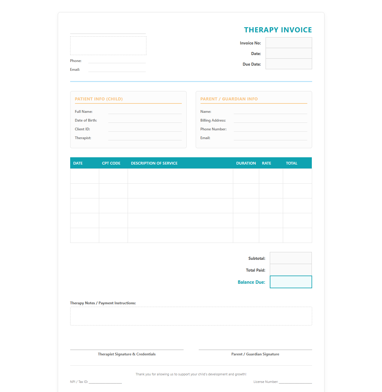Pediatric Therapy Treatment Invoice Template