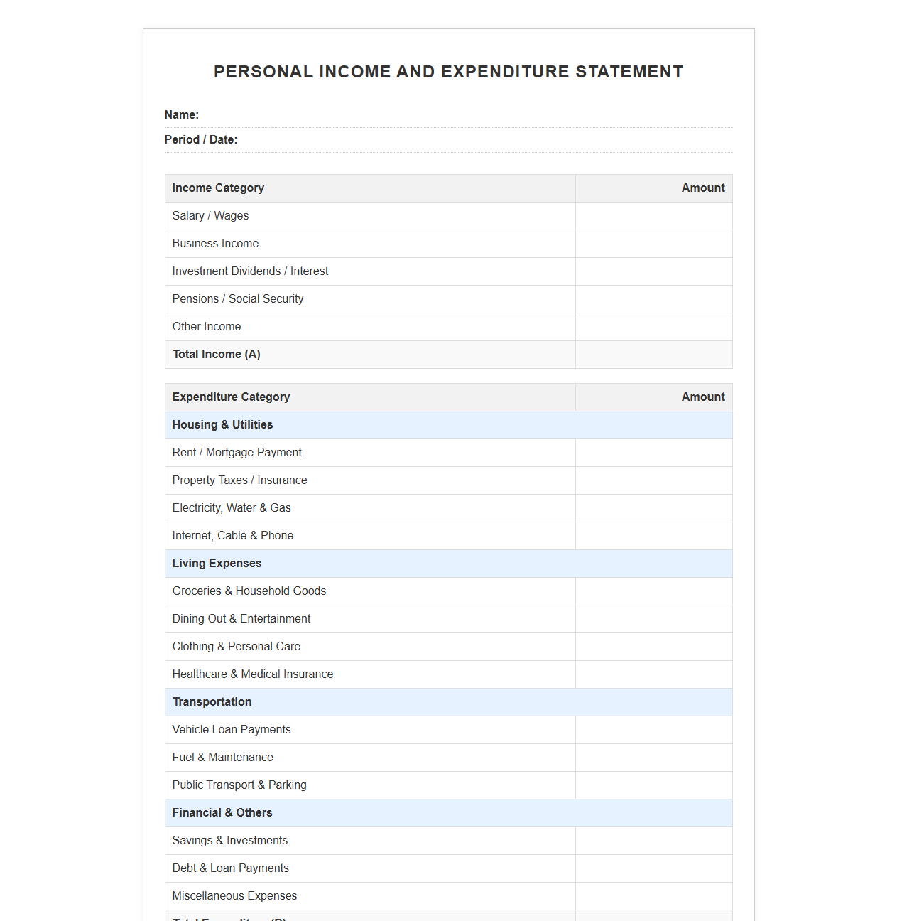 Personal Income and Expenditure Template