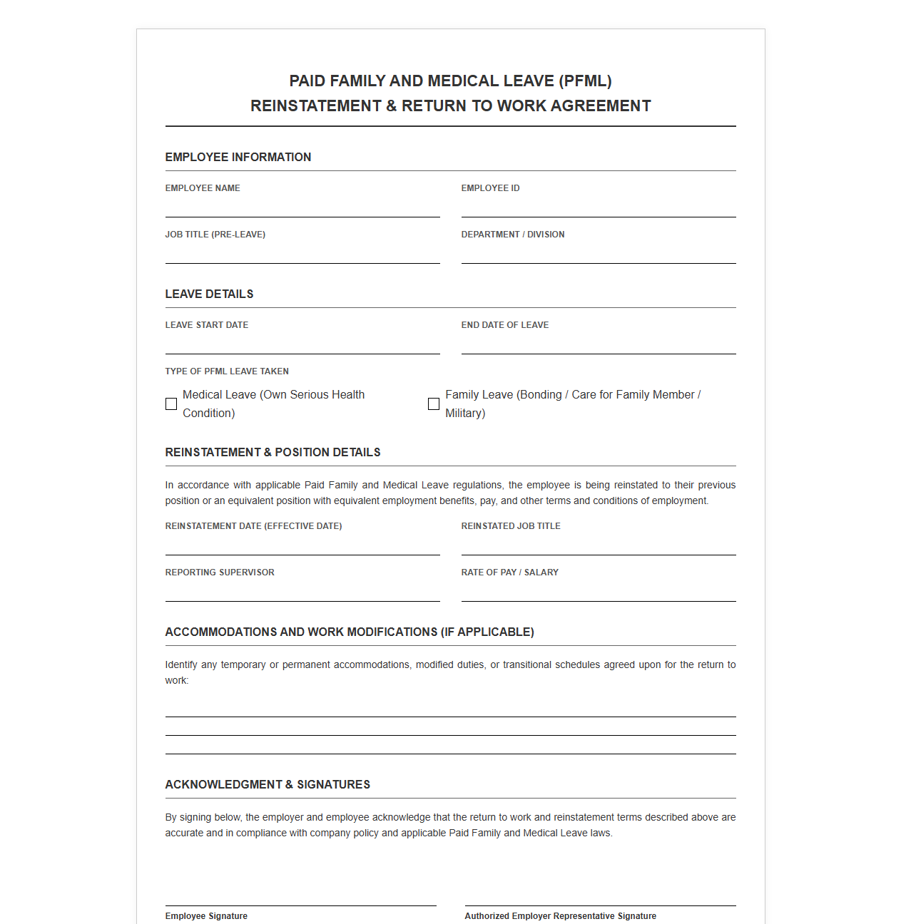 PFML Reinstatement and Return to Work Template