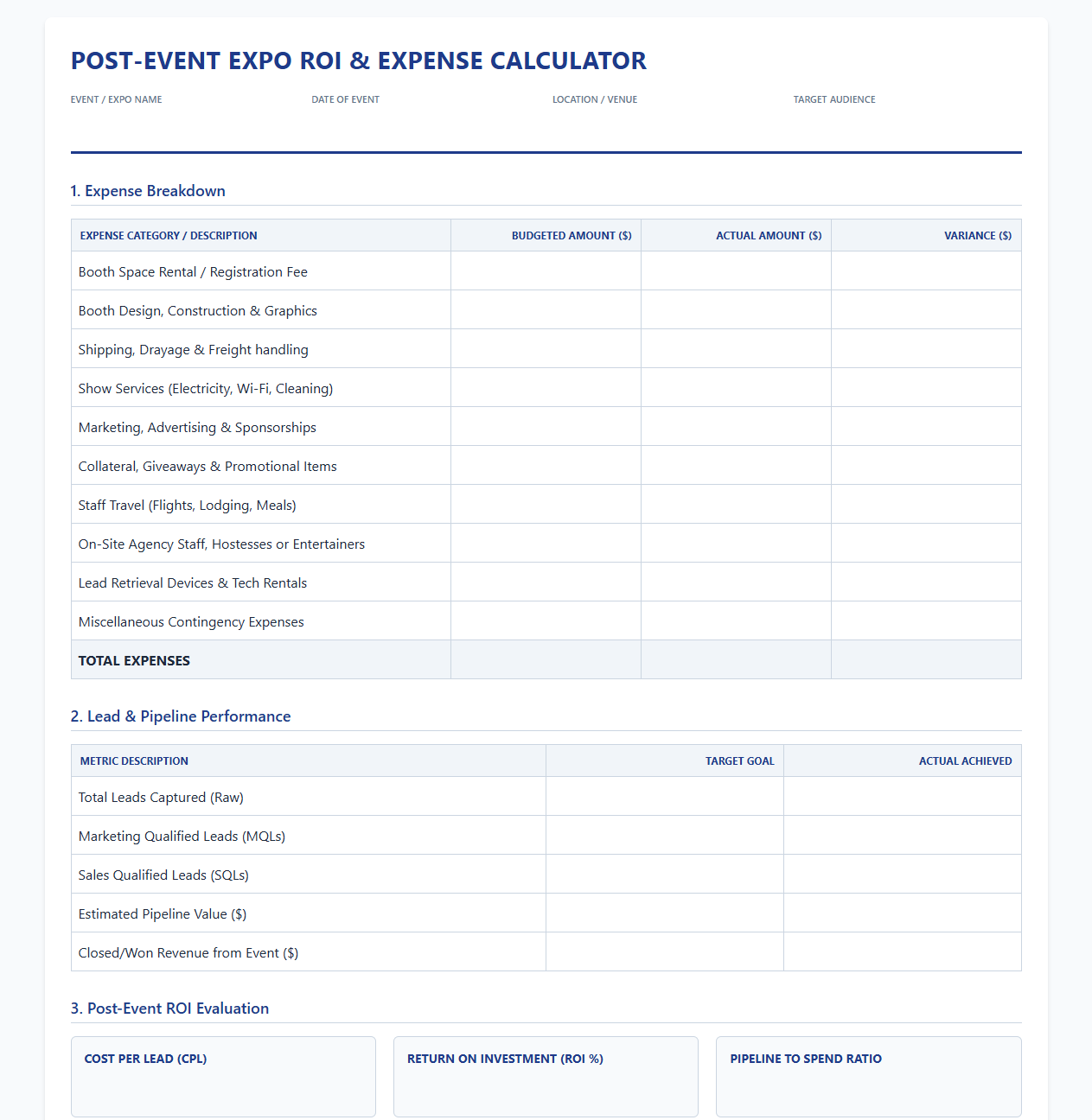 Post-Event Expo ROI and Expense Calculator