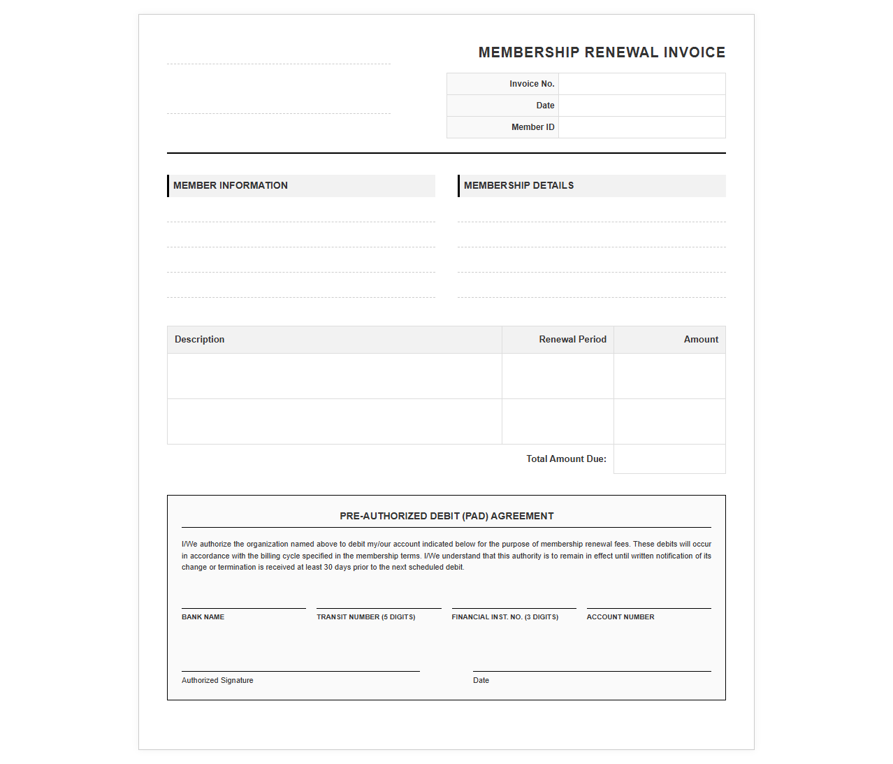 Pre-Authorized Debit Membership Renewal Invoice