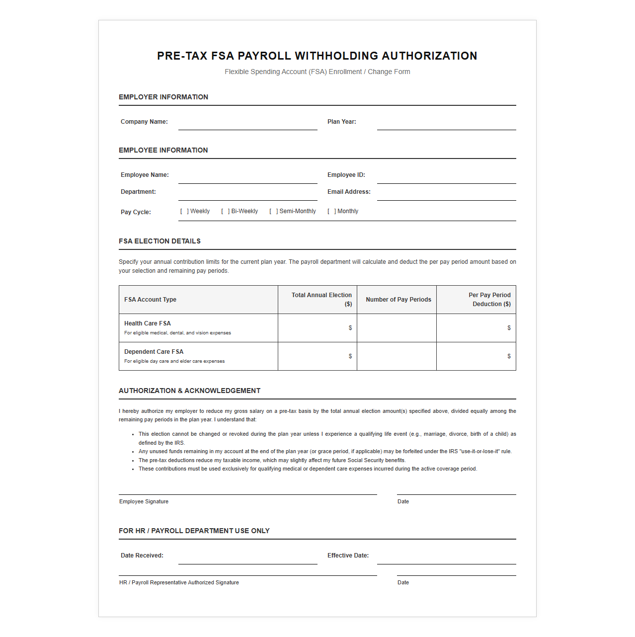 Pre-Tax FSA Payroll Withholding Template