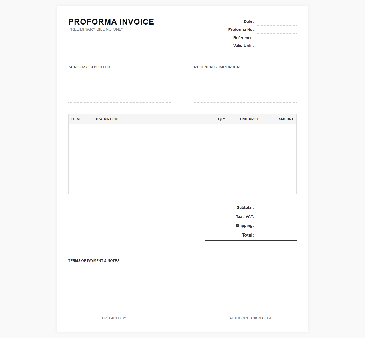 Preliminary Proforma Invoice Template