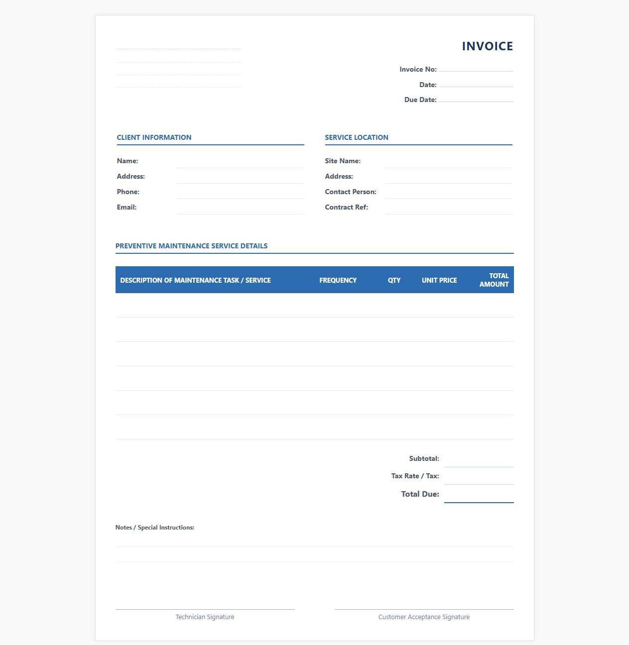 Preventive Maintenance Monthly Service Invoice