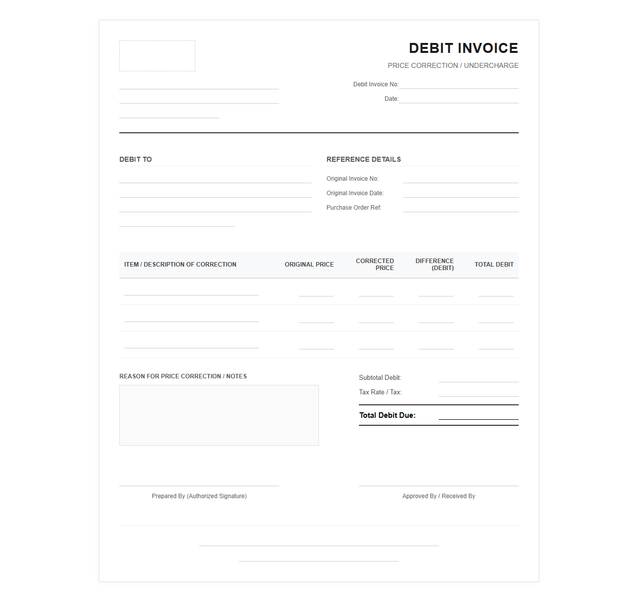 Price Correction Debit Invoice Template
