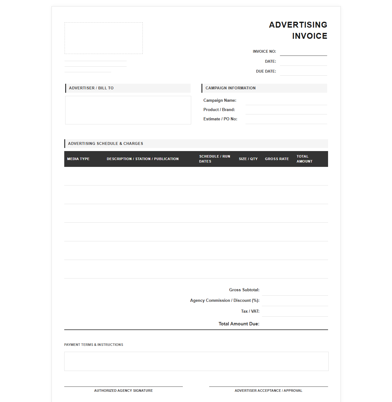 Print and Broadcast Advertising Invoice Template