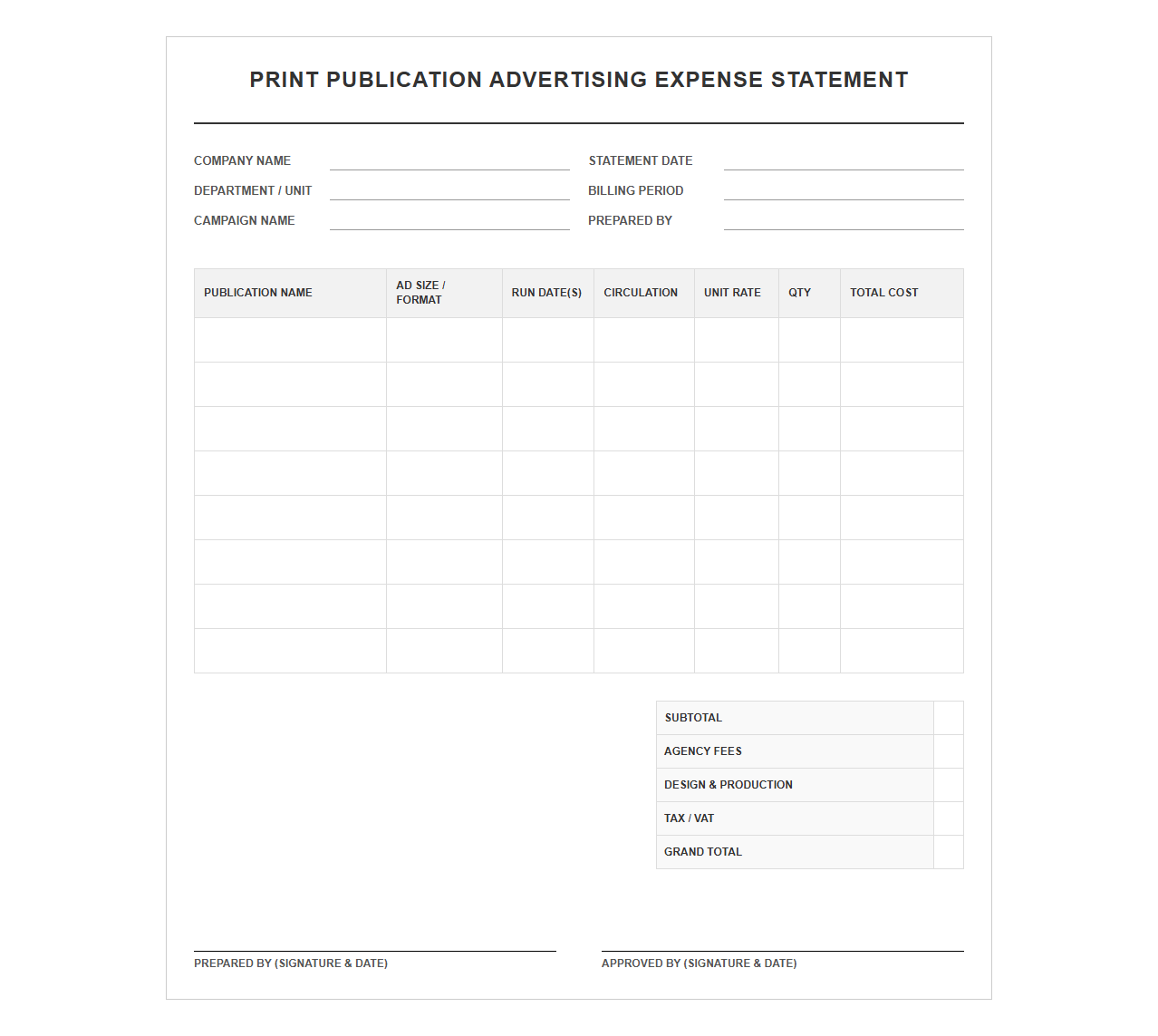 Print Publication Advertising Expense Statement