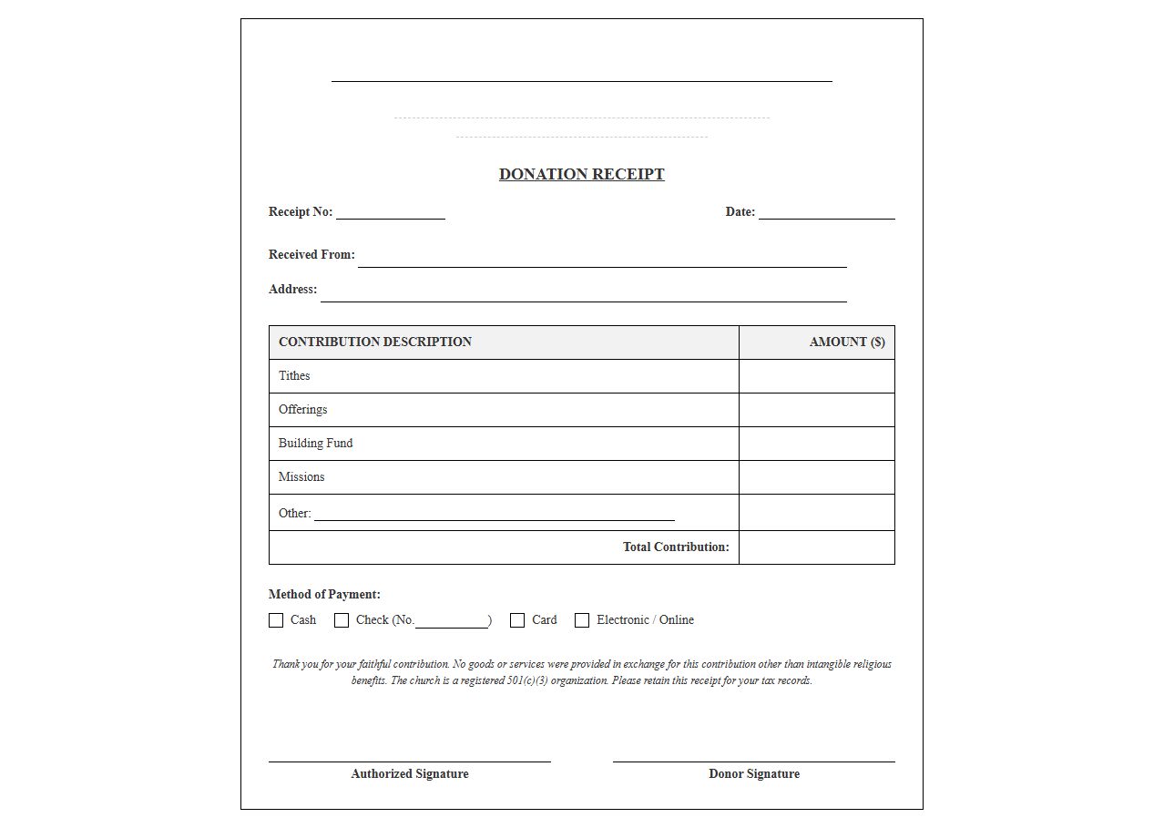 Printable Church Donation Receipt for Tithes